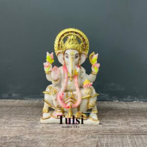 9-Inch Premium Marble Dust Ganesh Ji Murti with Gold Leaf Work & Lotus Detailing