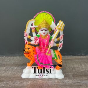 Handcrafted 6-Inch White Marble Goddess Durga Maa Idol | Hand-Painted Sherawali Mata Murti for Home Temple & Mandir Decor