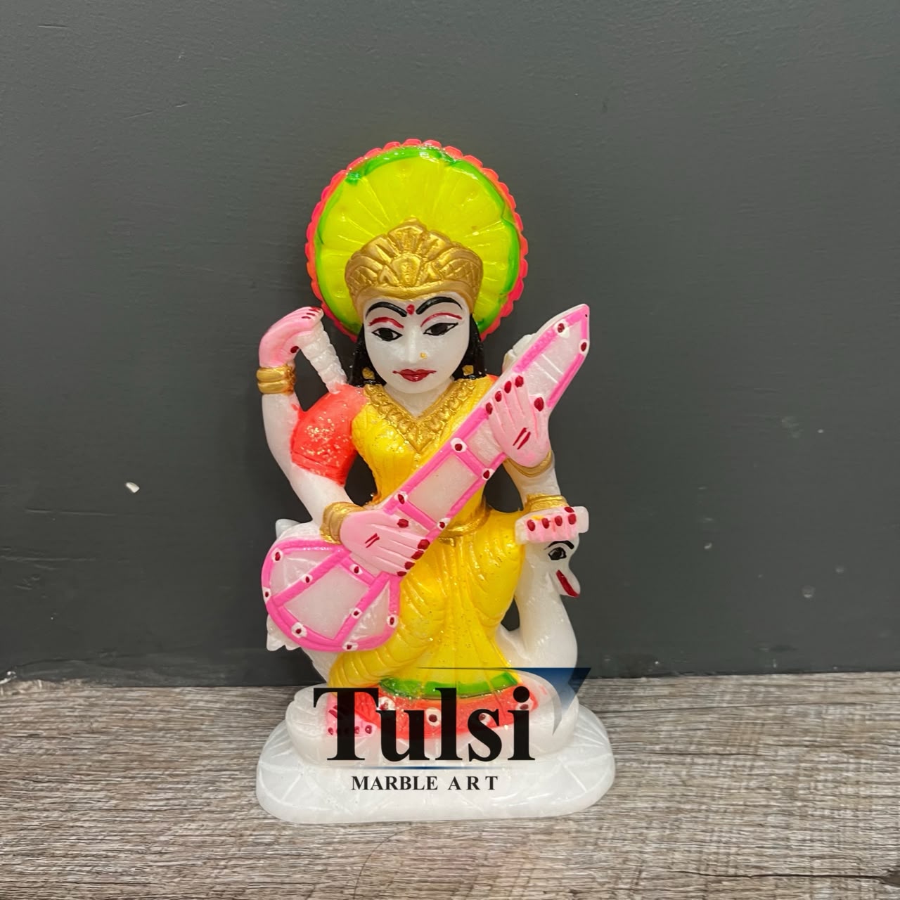 6-Inch Hand-Painted Marble Goddess Saraswati Maa Murti