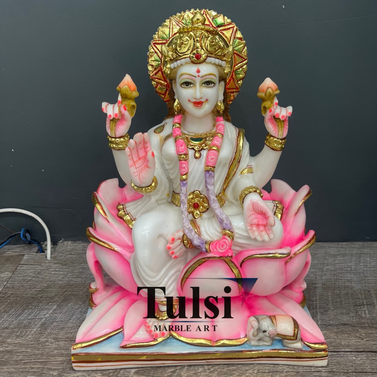 Premium Quality 12-Inch Marble Dust Goddess Lakshmi Murti on Lotus - Tulsi Marble Art